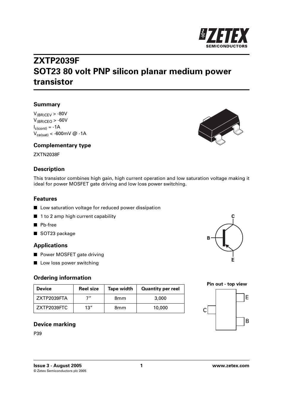 Diodes ZXTP2039F User Manual | 5 pages