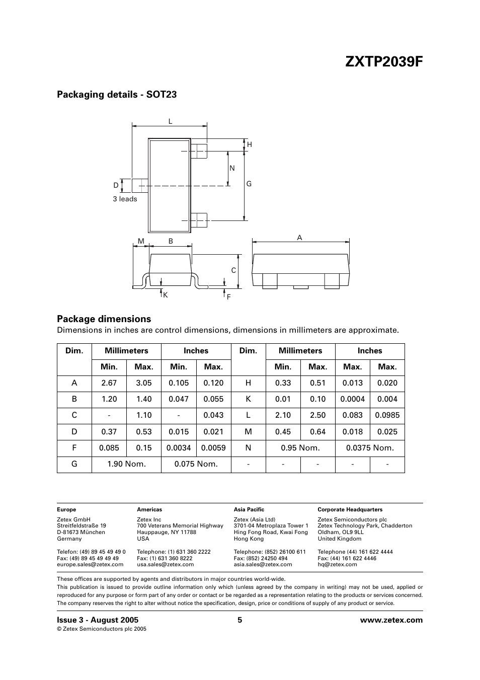 Zxtp2039f, Packaging details - sot23 package dimensions | Diodes ZXTP2039F User Manual | Page 5 / 5