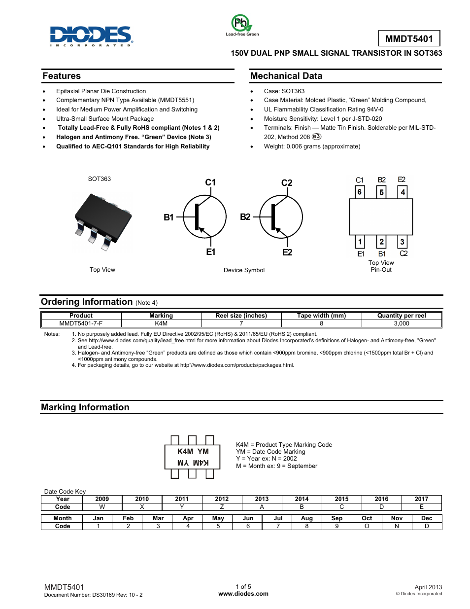 Diodes MMDT5401 User Manual | 5 pages