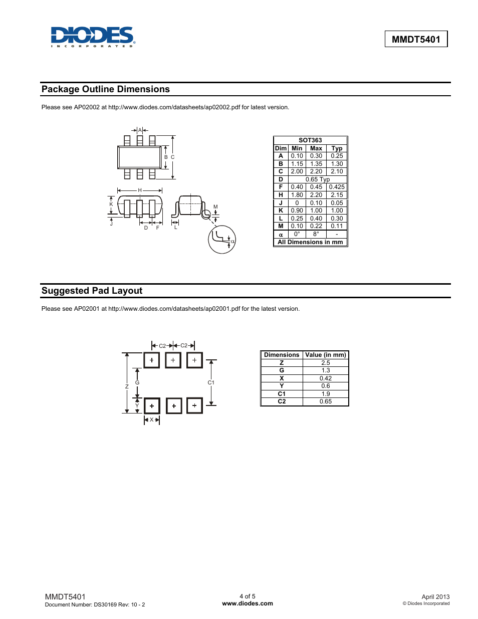 Package outline dimensions, Suggested pad layout | Diodes MMDT5401 User Manual | Page 4 / 5