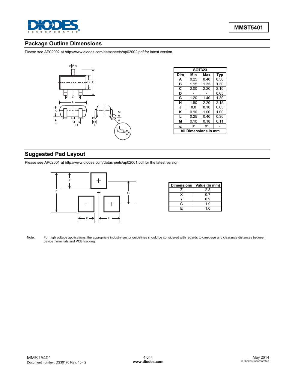 Mmst5401, Package outline dimensions, Suggested pad layout | Diodes MMST5401 User Manual | Page 4 / 5