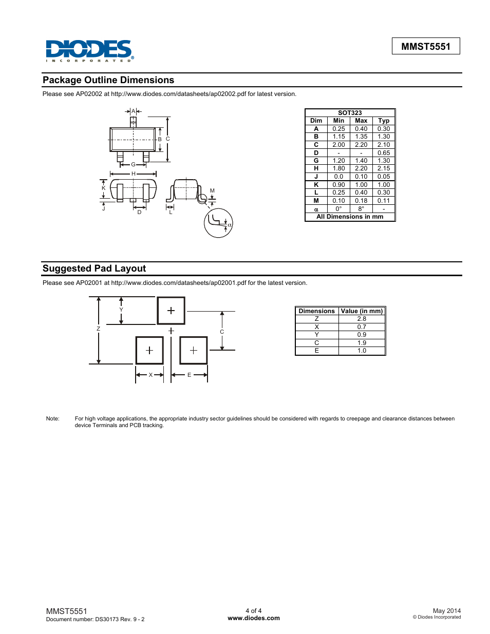 Mmst5551, Package outline dimensions, Suggested pad layout | Diodes MMST5551 User Manual | Page 4 / 5