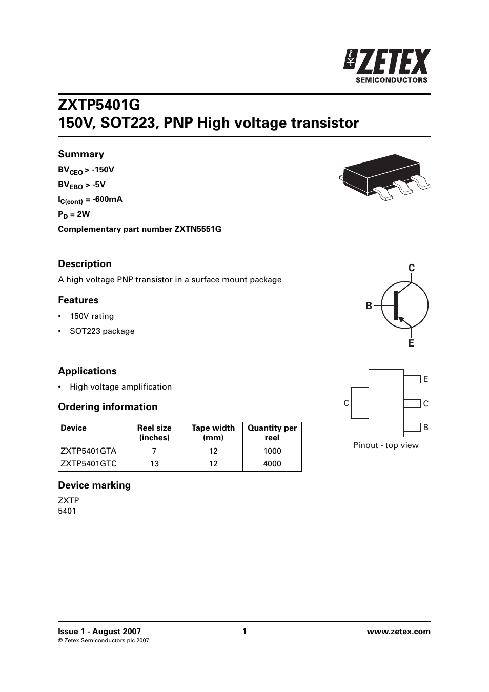 Diodes ZXTP5401G User Manual | 8 pages