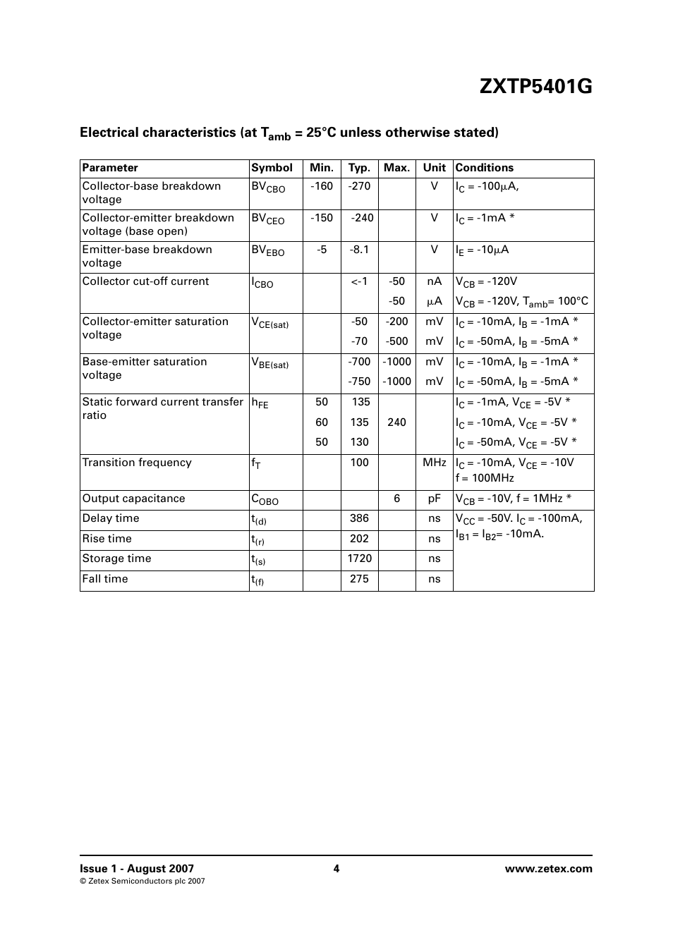 Zxtp5401g, Electrical characteristics (at t, 25°c unless otherwise stated) | Diodes ZXTP5401G User Manual | Page 4 / 8