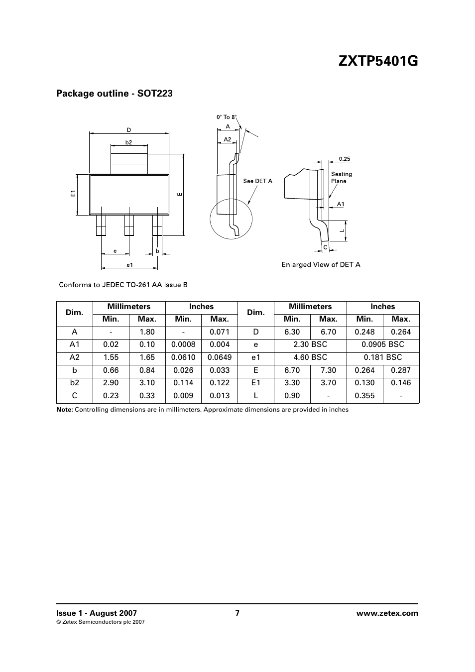 Package outline - sot223, Zxtp5401g | Diodes ZXTP5401G User Manual | Page 7 / 8
