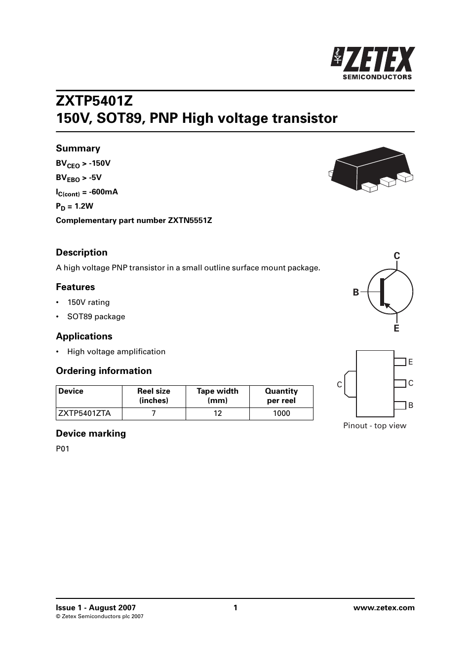 Diodes ZXTP5401Z User Manual | 8 pages