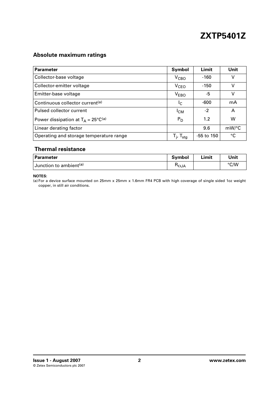 Absolute maximum ratings, Thermal resistance, Zxtp5401z | Diodes ZXTP5401Z User Manual | Page 2 / 8