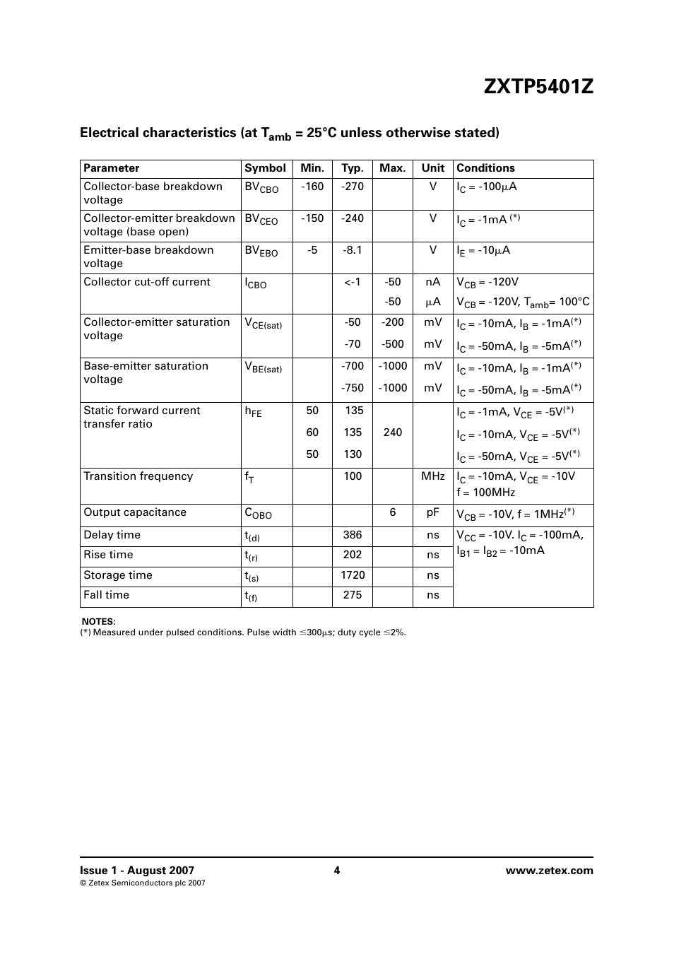 Zxtp5401z, Electrical characteristics (at t, 25°c unless otherwise stated) | Diodes ZXTP5401Z User Manual | Page 4 / 8