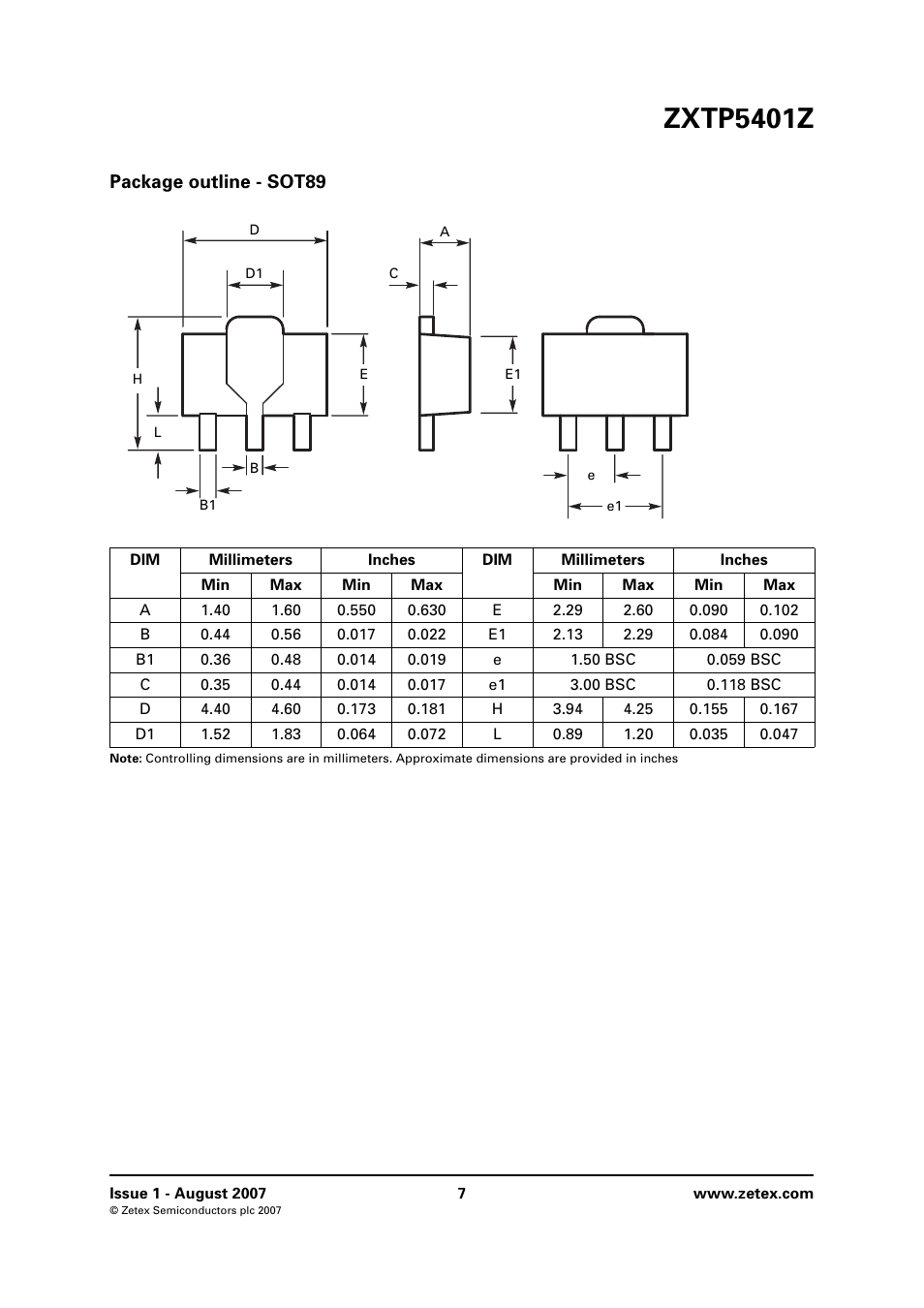 Package outline - sot89, Zxtp5401z | Diodes ZXTP5401Z User Manual | Page 7 / 8