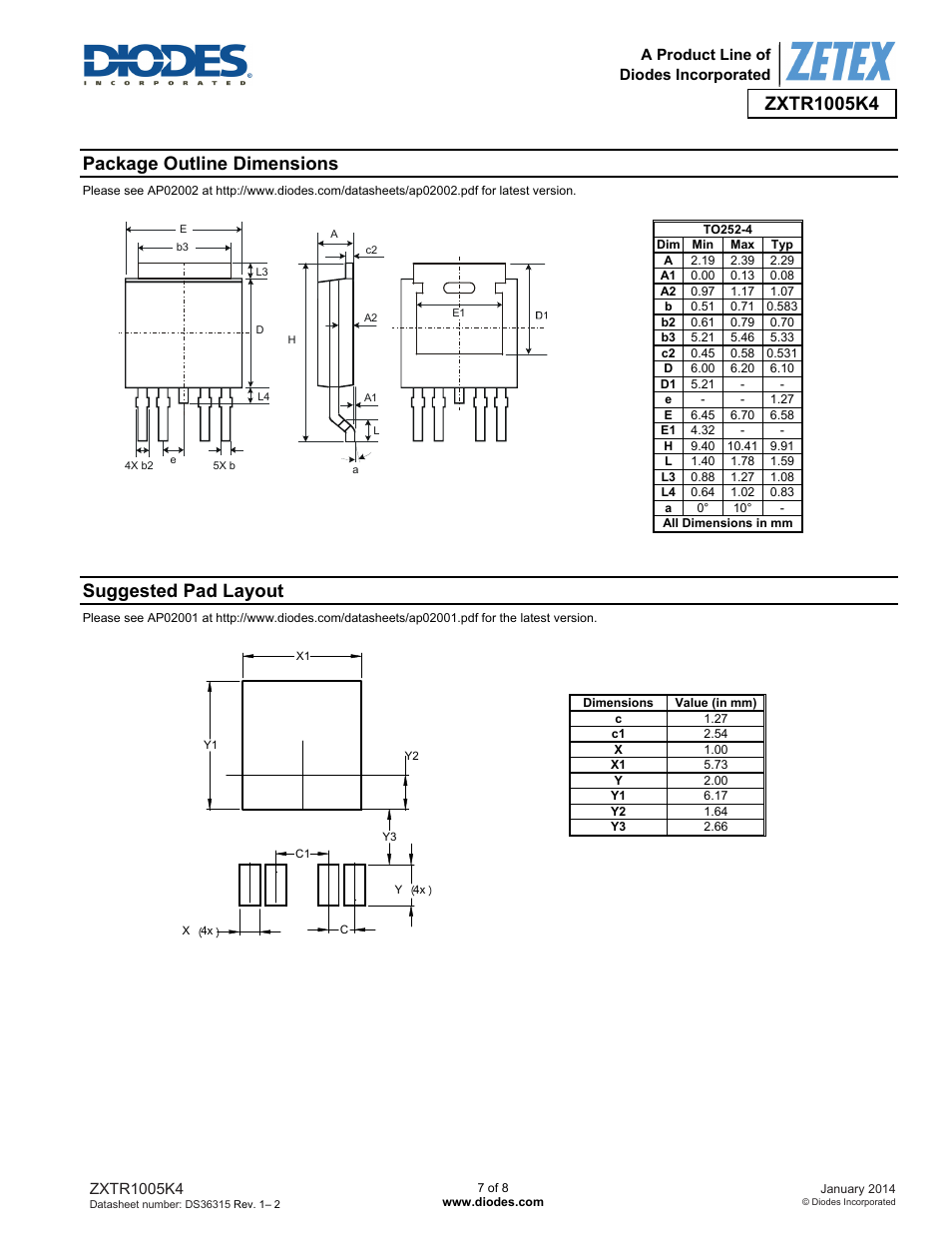 Package outline dimensions, Suggested pad layout | Diodes ZXTR1005K4 User Manual | Page 7 / 8