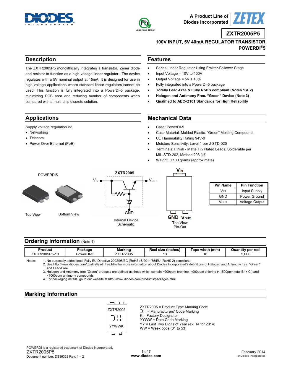 Diodes ZXTR2005P5 User Manual | 7 pages