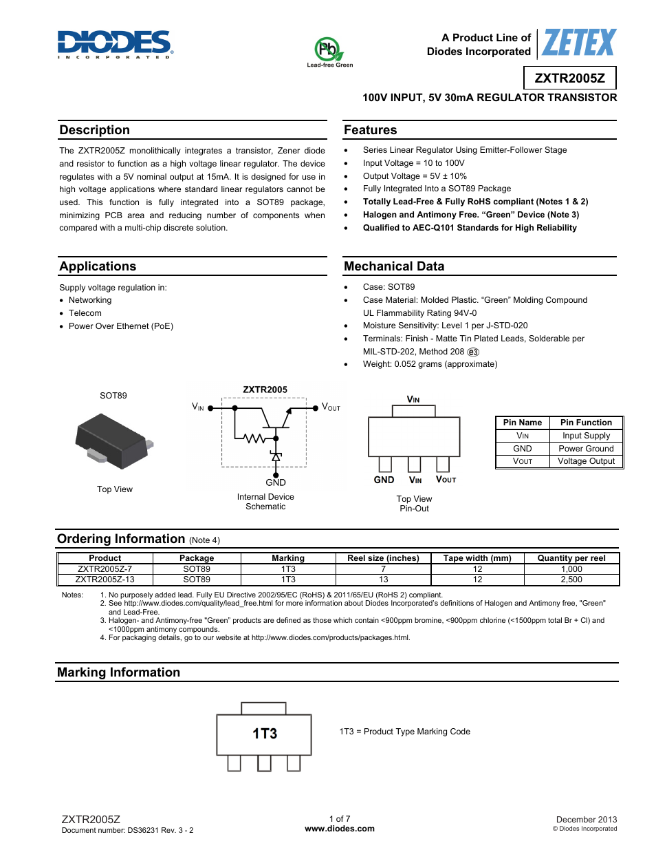 Diodes ZXTR2005Z User Manual | 7 pages