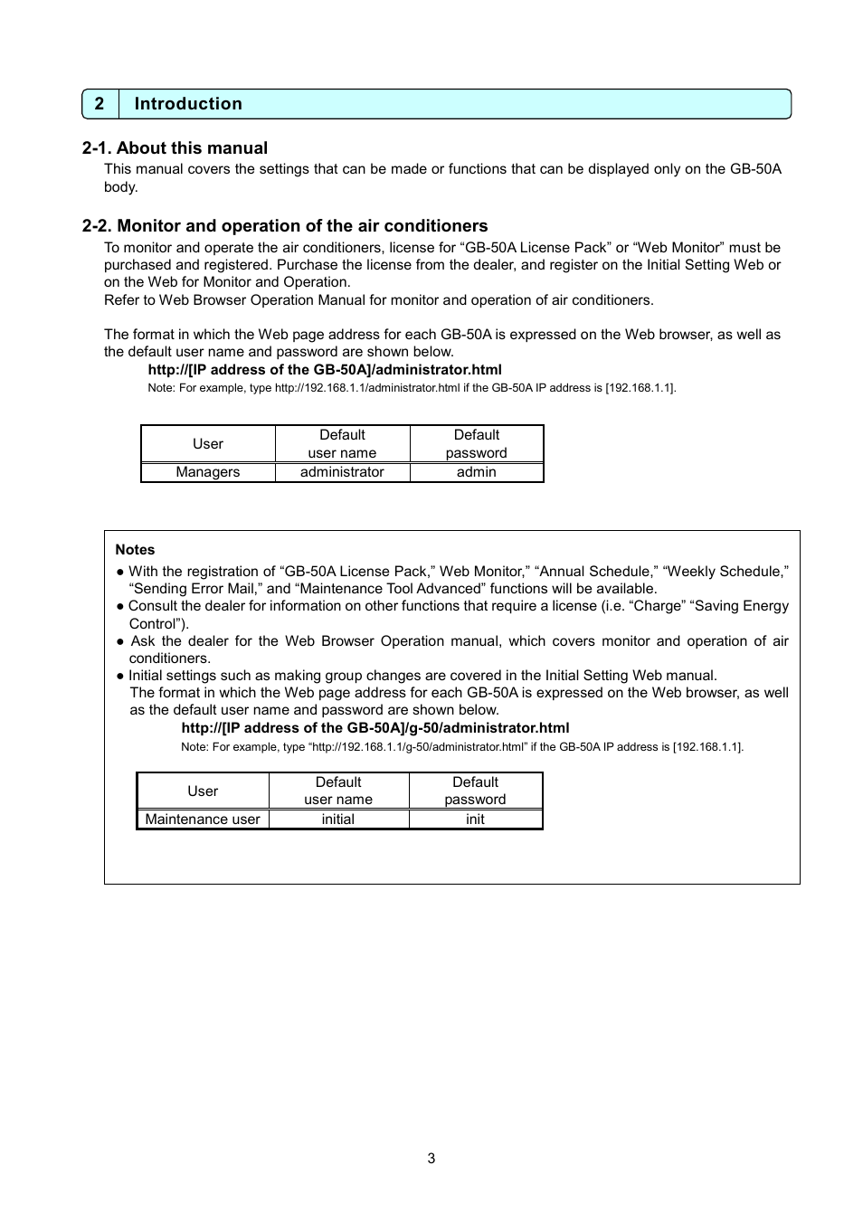 2 introduction, 1. about this manual, 2. monitor and operation of the air conditioners | MITSUBISHI ELECTRIC GB-50A User Manual | Page 4 / 12