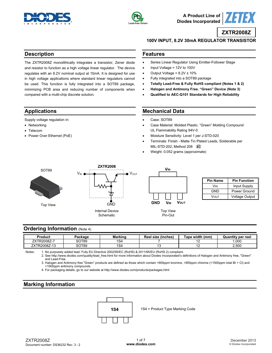 Diodes ZXTR2008Z User Manual | 7 pages