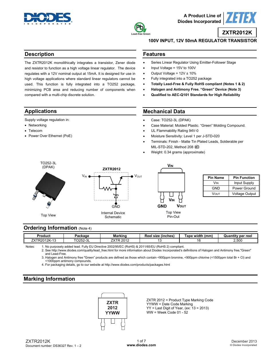Diodes ZXTR2012K User Manual | 7 pages