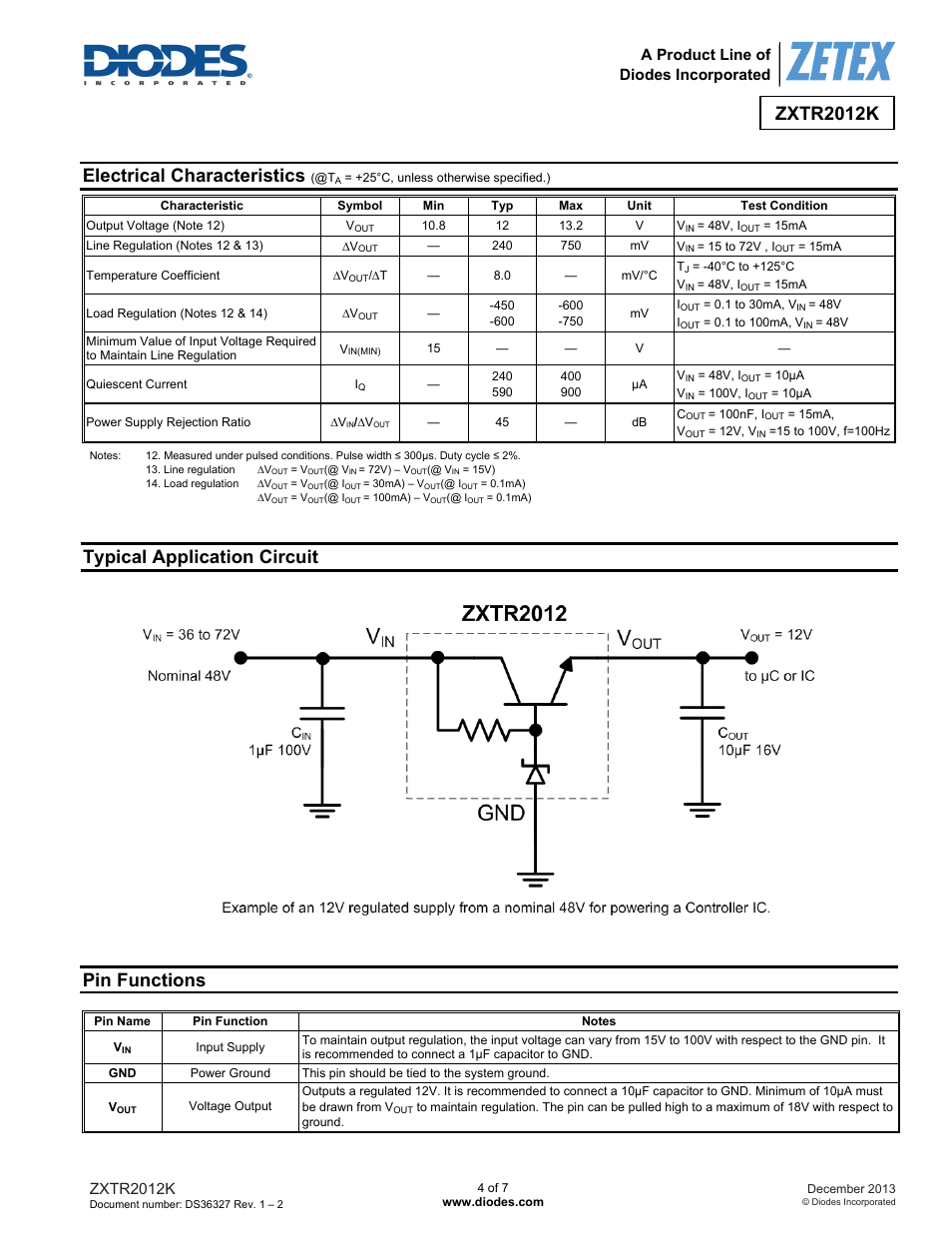 Electrical characteristics, Typical application circuit, Pin functions | Zxtr2012k, A product line of diodes incorporated | Diodes ZXTR2012K User Manual | Page 4 / 7