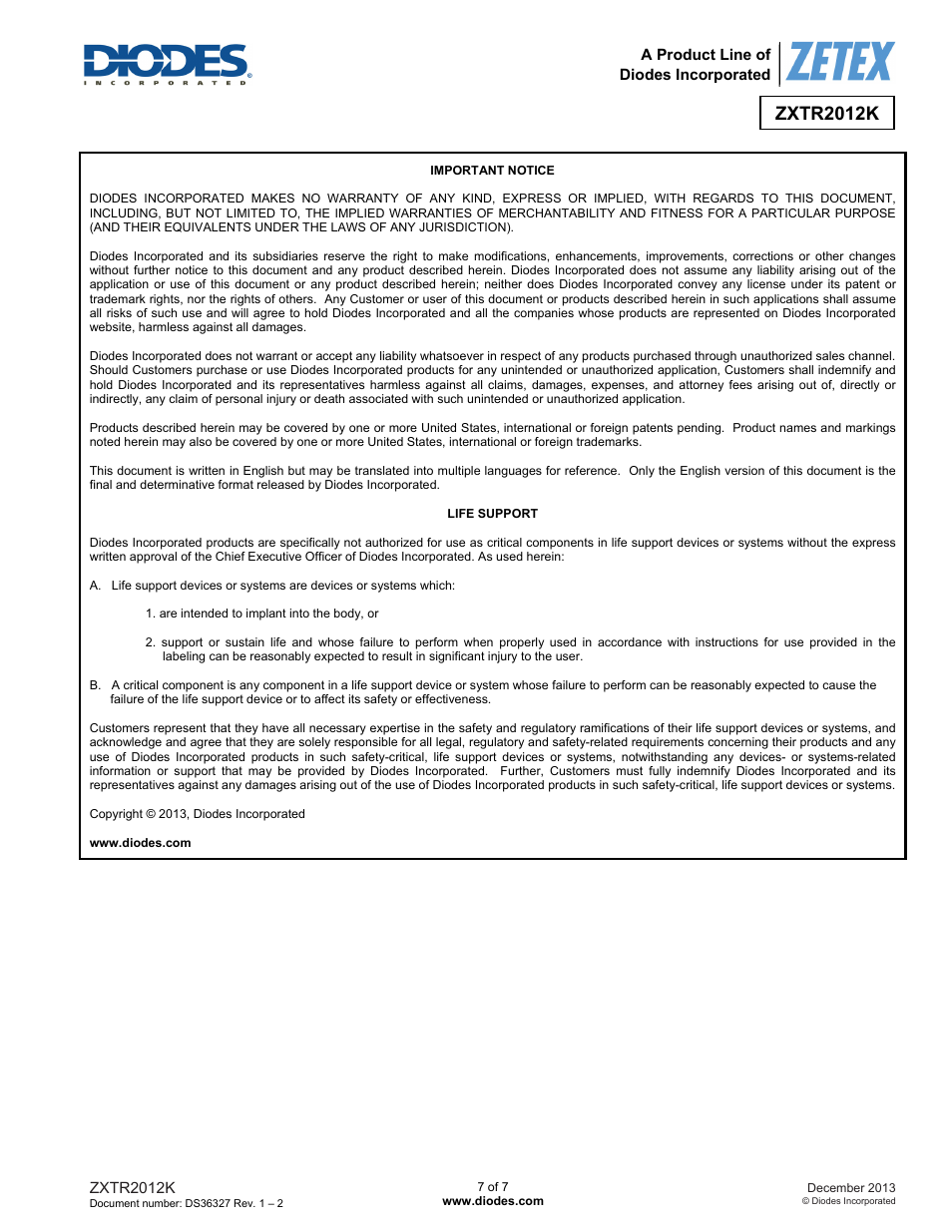 Zxtr2012k | Diodes ZXTR2012K User Manual | Page 7 / 7