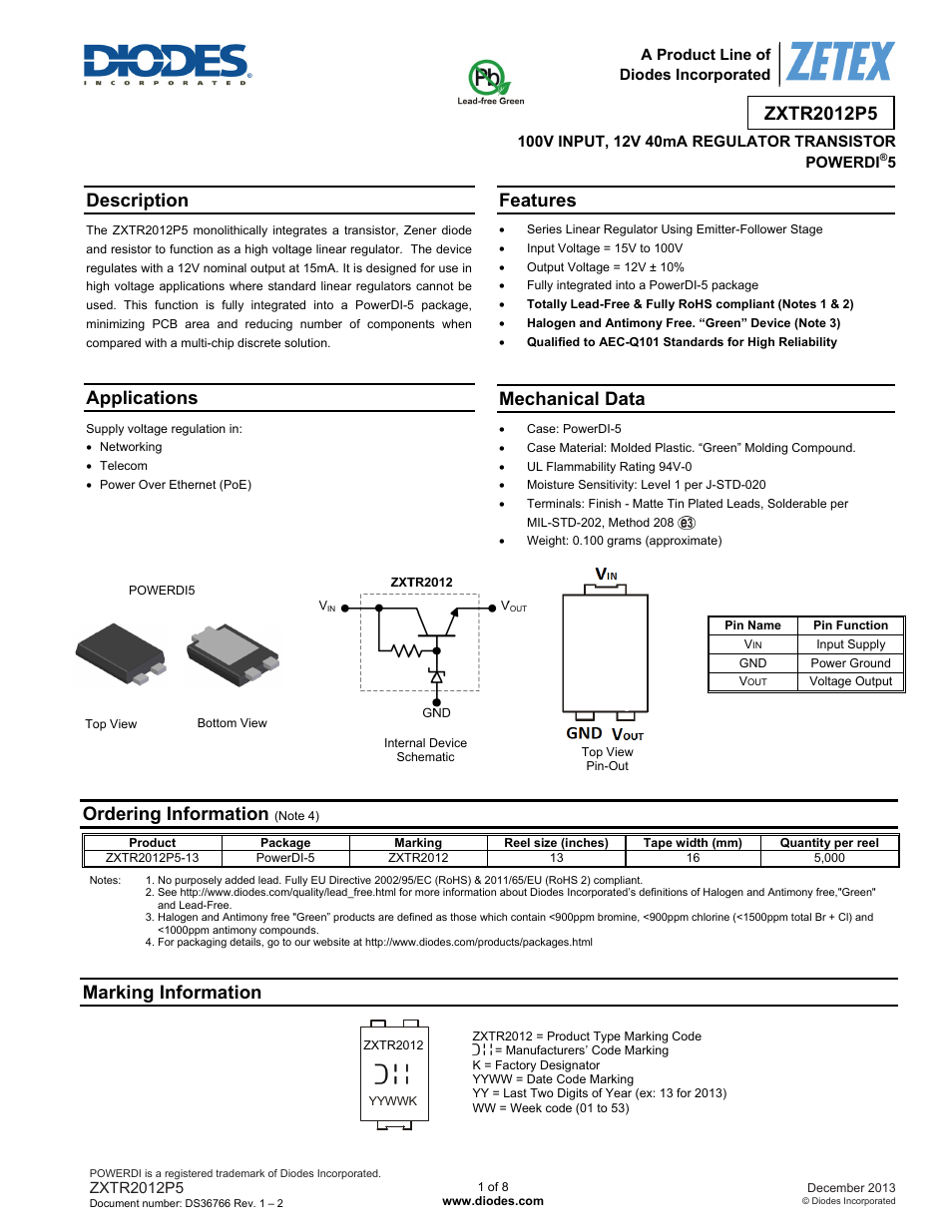 Diodes ZXTR2012P5 User Manual | 8 pages