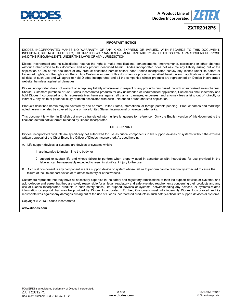 Diodes ZXTR2012P5 User Manual | Page 8 / 8