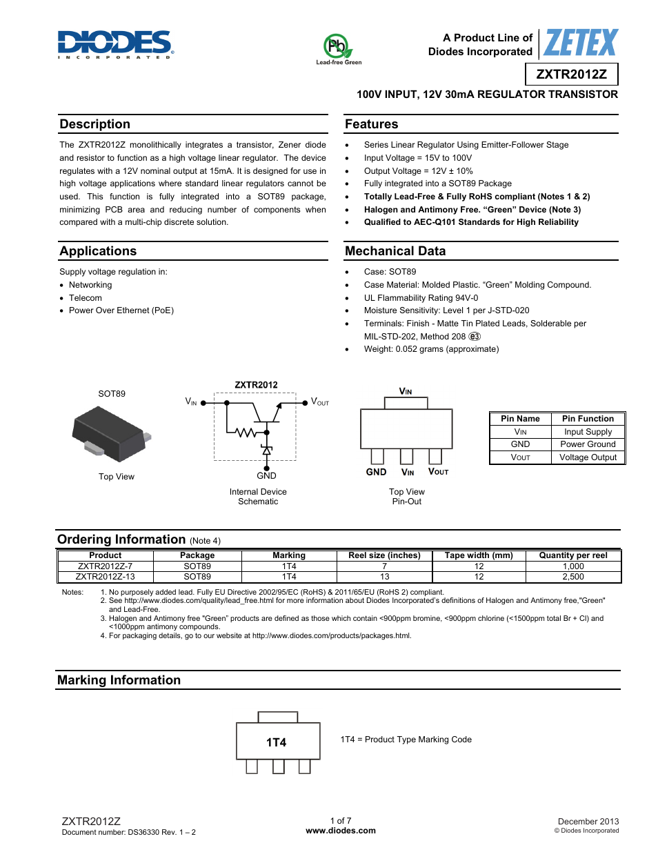 Diodes ZXTR2012Z User Manual | 7 pages