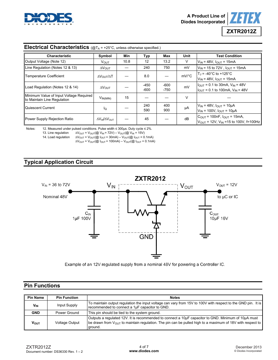 Electrical characteristics, Typical application circuit, Pin functions | Zxtr2012z, A product line of diodes incorporated | Diodes ZXTR2012Z User Manual | Page 4 / 7