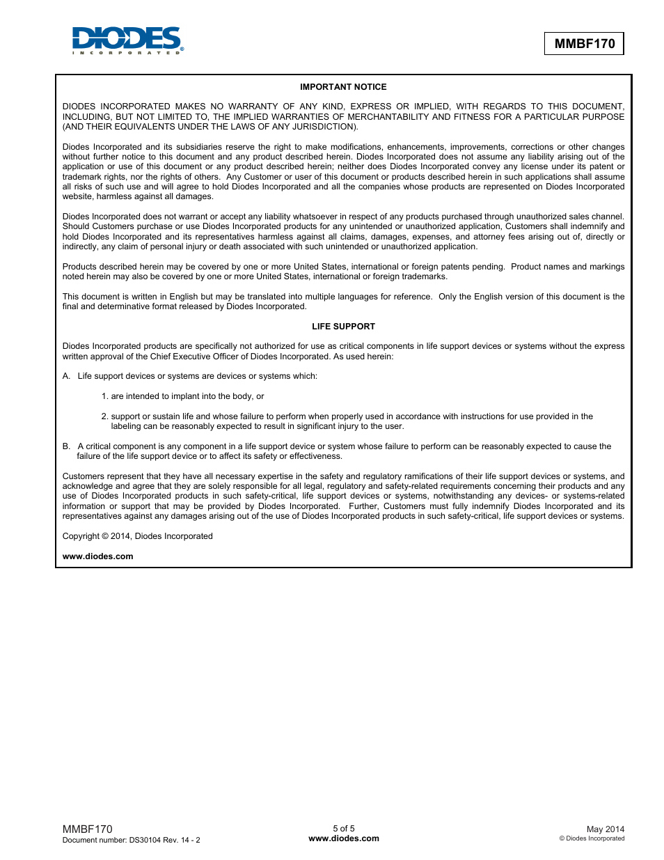 Mmbf170 | Diodes MMBF170 User Manual | Page 5 / 5