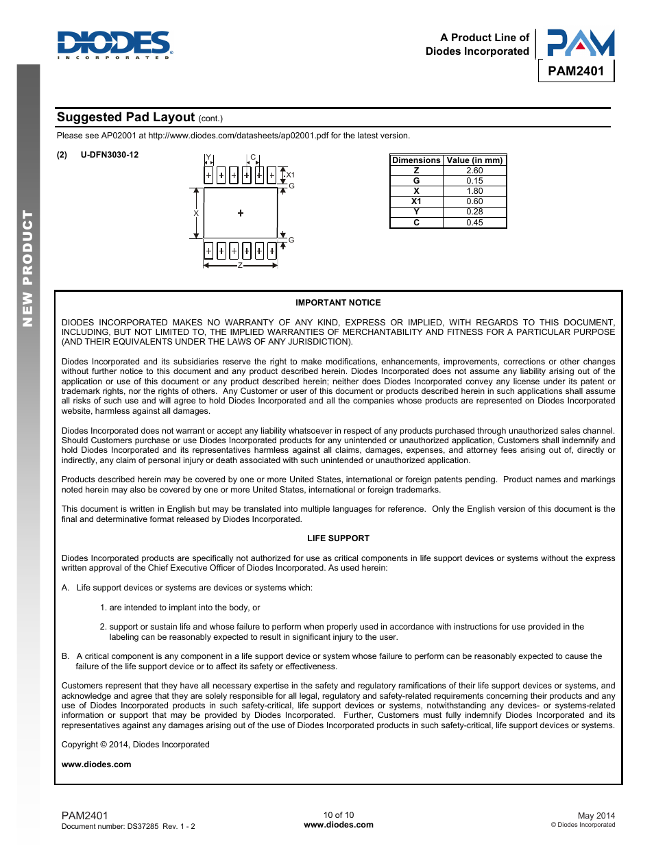 Pam2401 new prod uc t, Suggested pad layout | Diodes PAM2401 User Manual | Page 10 / 10