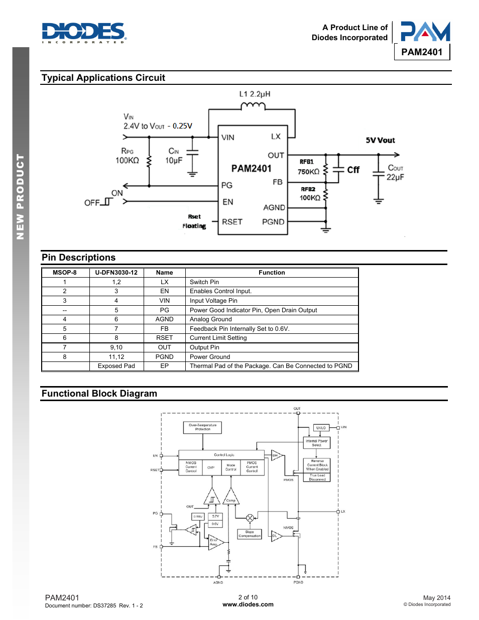 Pam2401 new prod uc t, Typical applications circuit, Pin descriptions | Functional block diagram | Diodes PAM2401 User Manual | Page 2 / 10