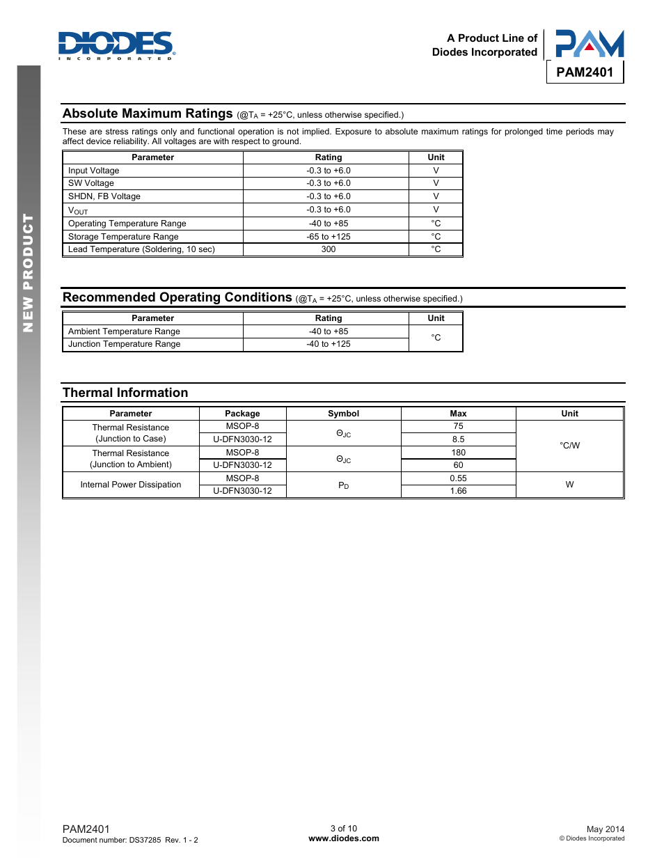 Pam2401 new prod uc t, Absolute maximum ratings, Recommended operating conditions | Thermal information | Diodes PAM2401 User Manual | Page 3 / 10