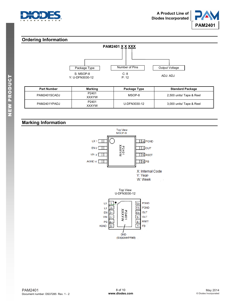 Pam2401 new prod uc t, Ordering information, Marking information | Diodes PAM2401 User Manual | Page 8 / 10