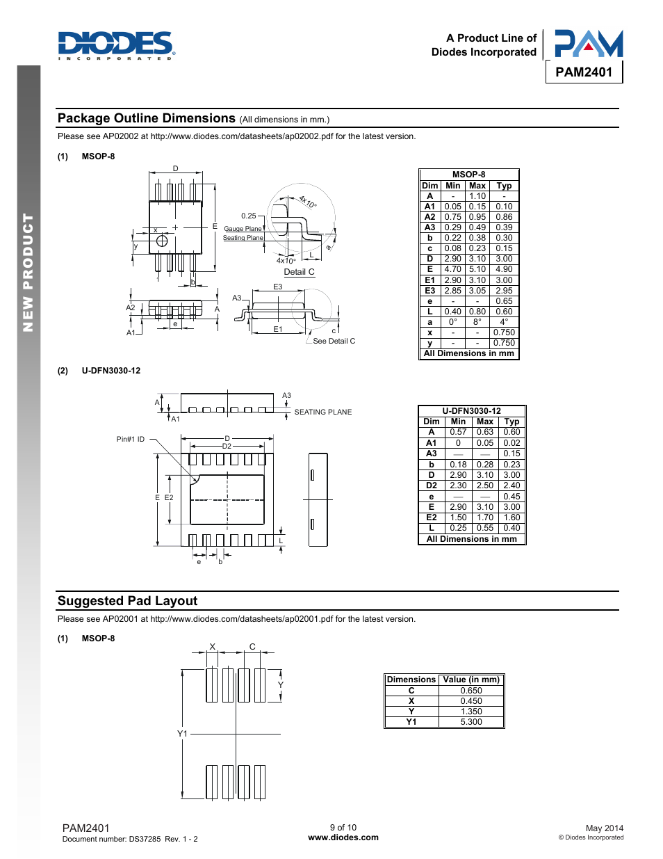 Pam2401 new prod uc t, Package outline dimensions, Suggested pad layout | Diodes PAM2401 User Manual | Page 9 / 10