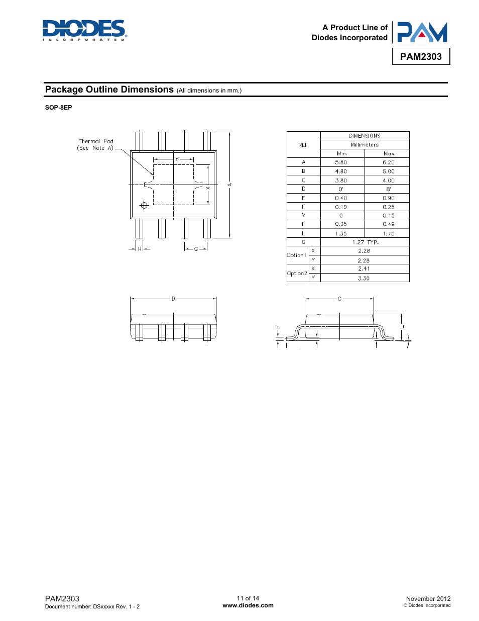 Pam2303, Package outline dimensions | Diodes PAM2303 User Manual | Page 11 / 14