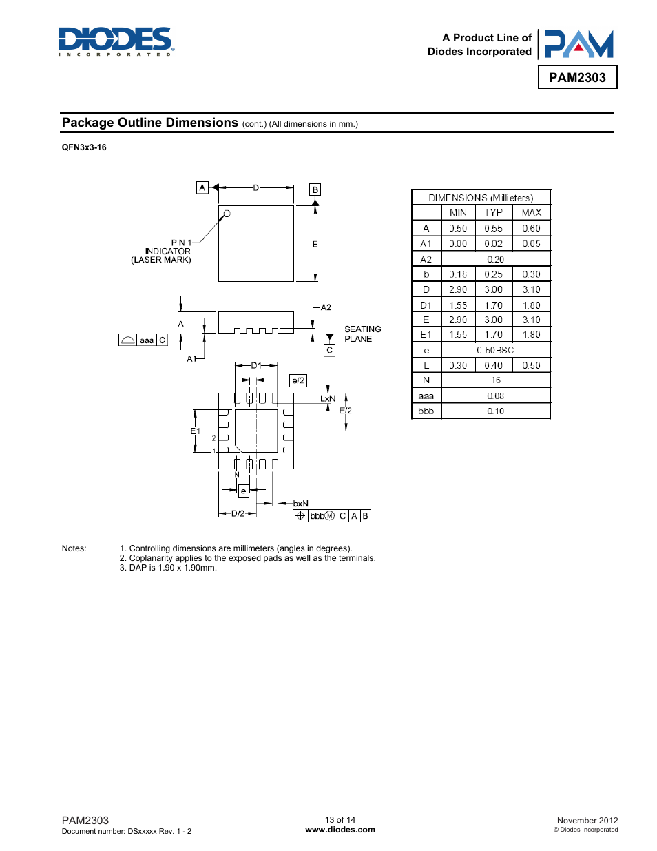 Pam2303, Package outline dimensions | Diodes PAM2303 User Manual | Page 13 / 14