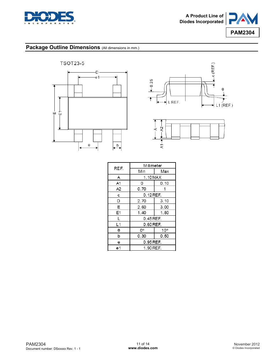 Pam2304, Package outline dimensions | Diodes PAM2304 User Manual | Page 11 / 14