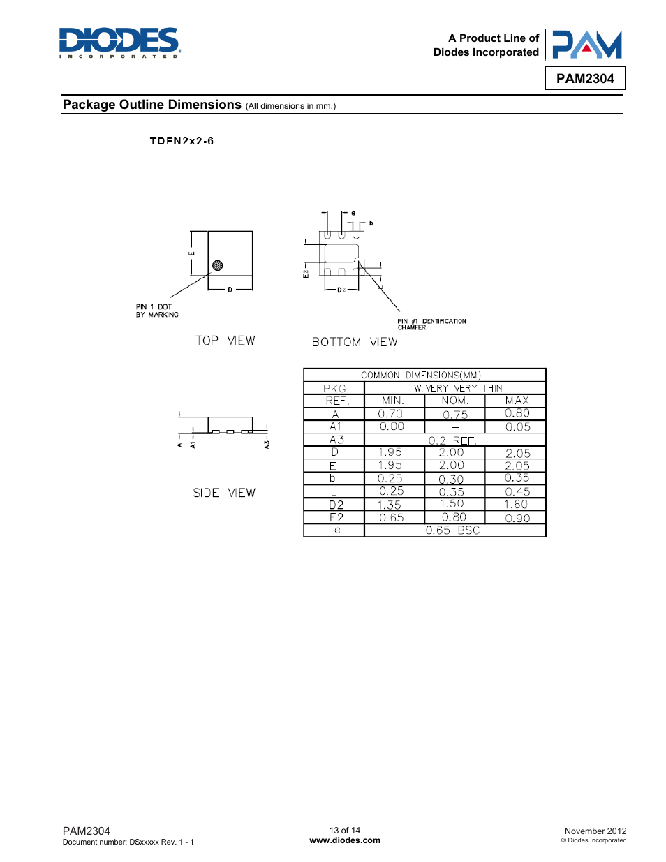Pam2304, Package outline dimensions | Diodes PAM2304 User Manual | Page 13 / 14