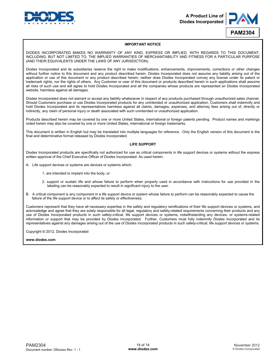 Pam2304 | Diodes PAM2304 User Manual | Page 14 / 14