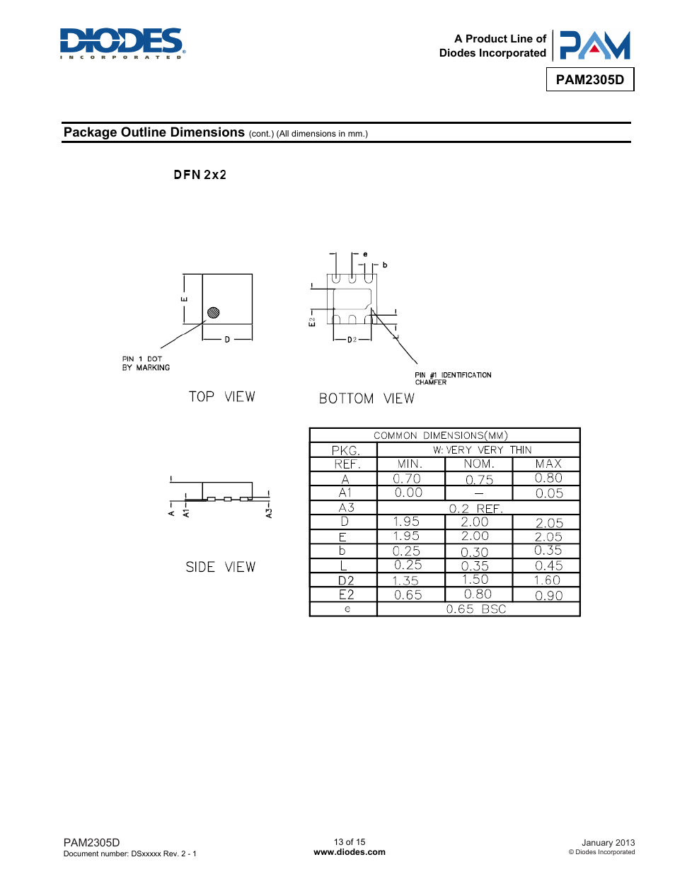 Pam2305d, Package outline dimensions | Diodes PAM2305D User Manual | Page 13 / 15