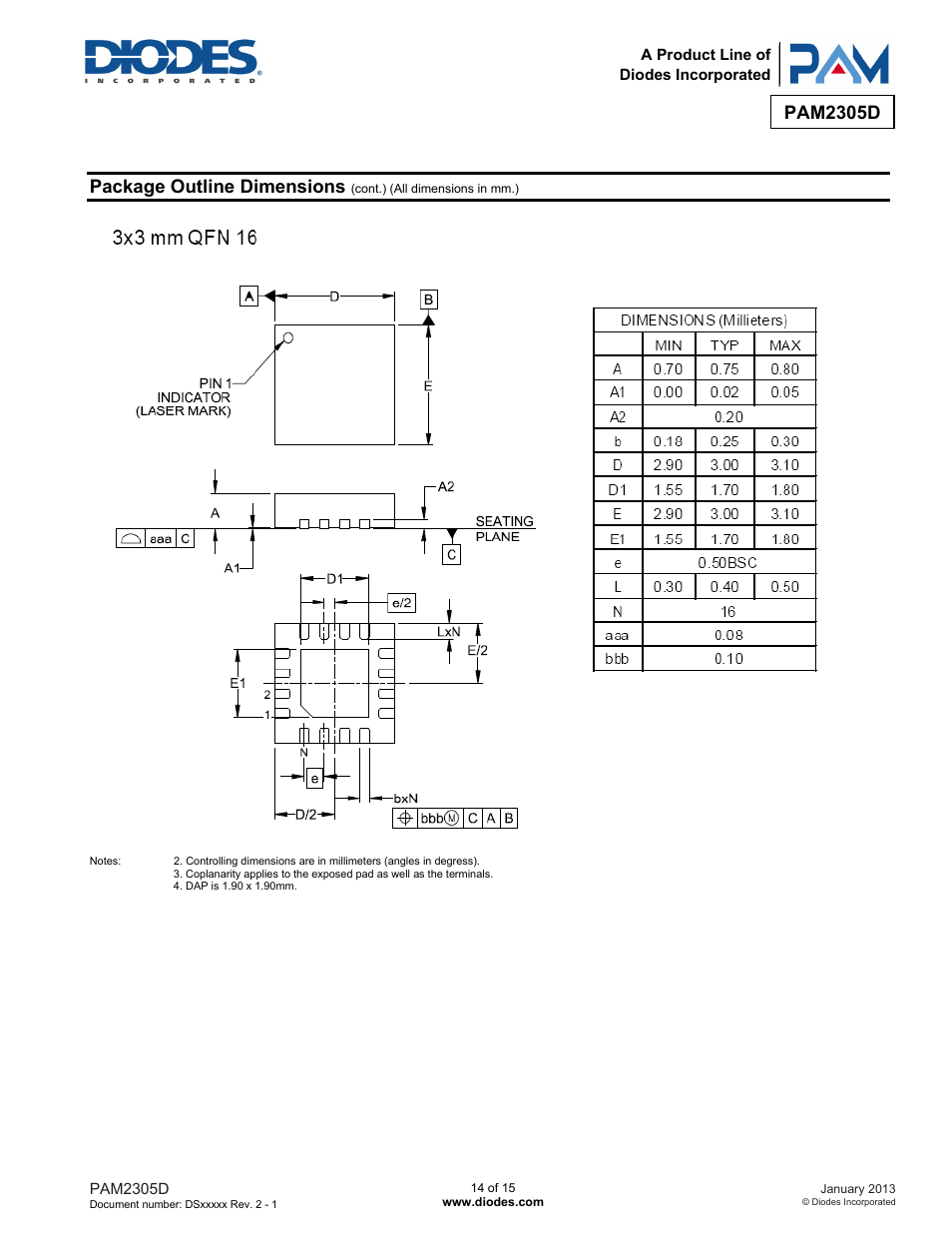 Pam2305d, Package outline dimensions | Diodes PAM2305D User Manual | Page 14 / 15
