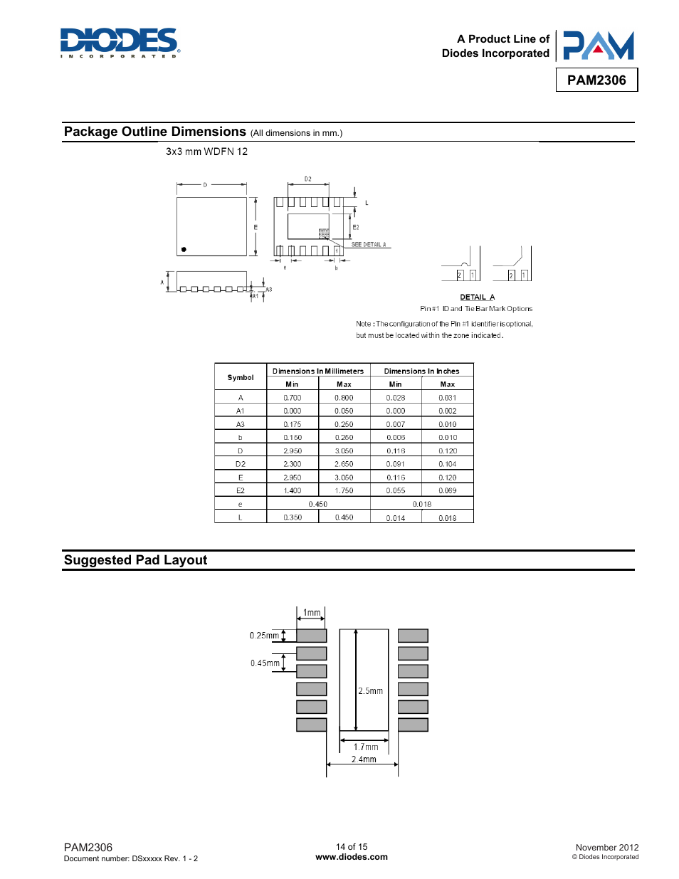 Pam2306, Package outline dimensions, Suggested pad layout | Diodes PAM2306 User Manual | Page 14 / 15