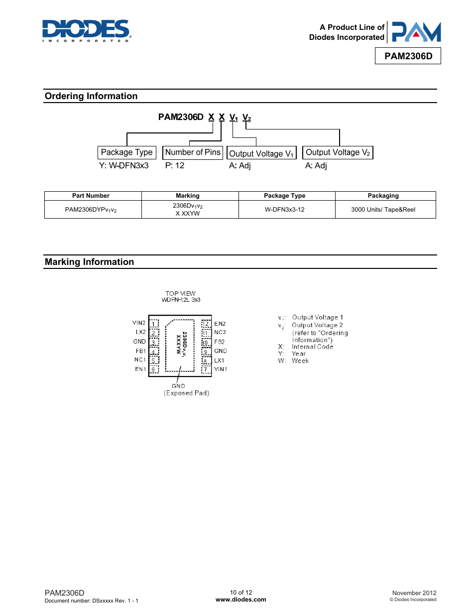 Pam2306d, Ordering information, Marking information | Diodes PAM2306D User Manual | Page 10 / 12