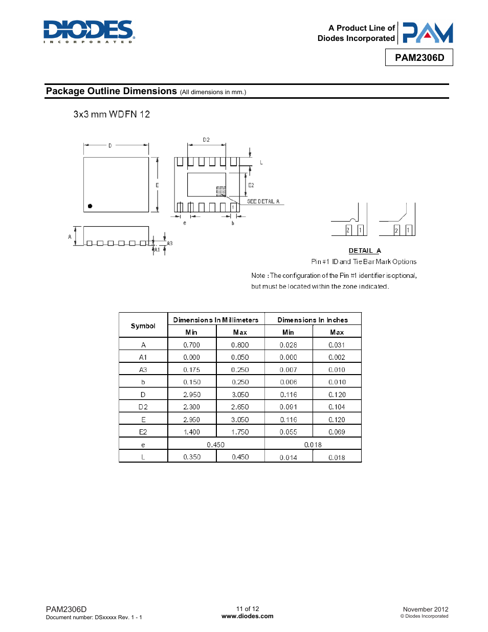 Pam2306d, Package outline dimensions | Diodes PAM2306D User Manual | Page 11 / 12