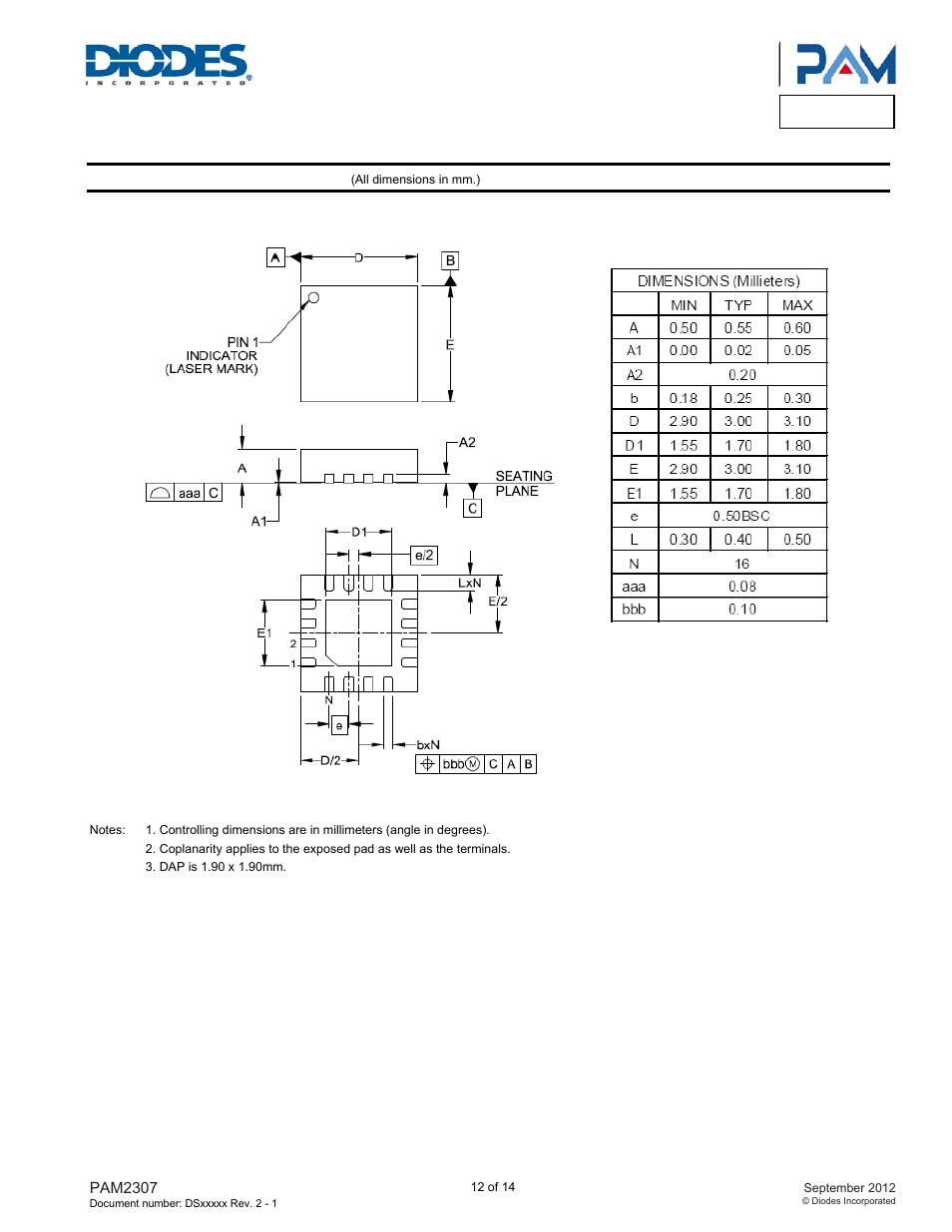 Pam2307, Package outline dimensions | Diodes PAM2307 User Manual | Page 12 / 14
