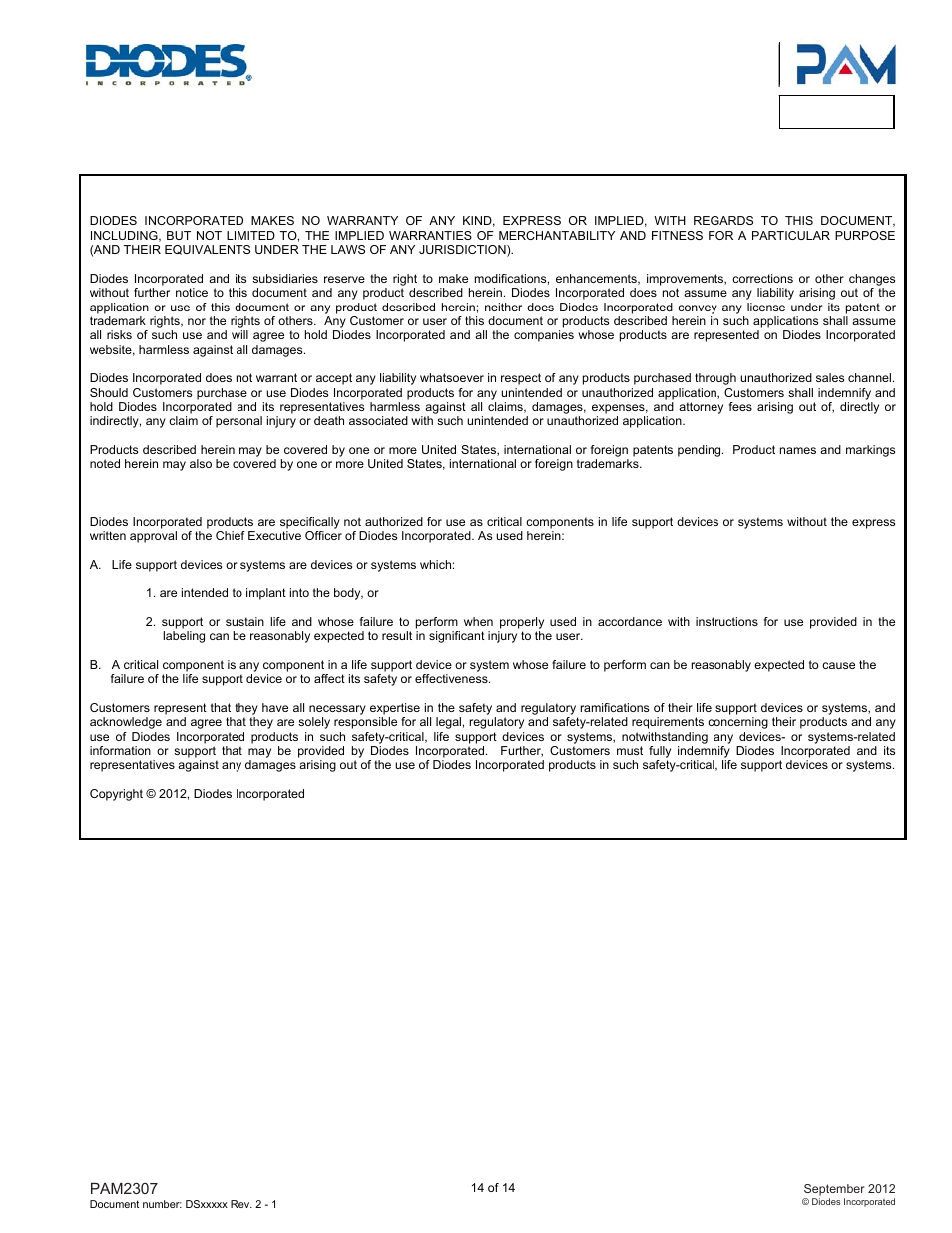 Pam2307 | Diodes PAM2307 User Manual | Page 14 / 14
