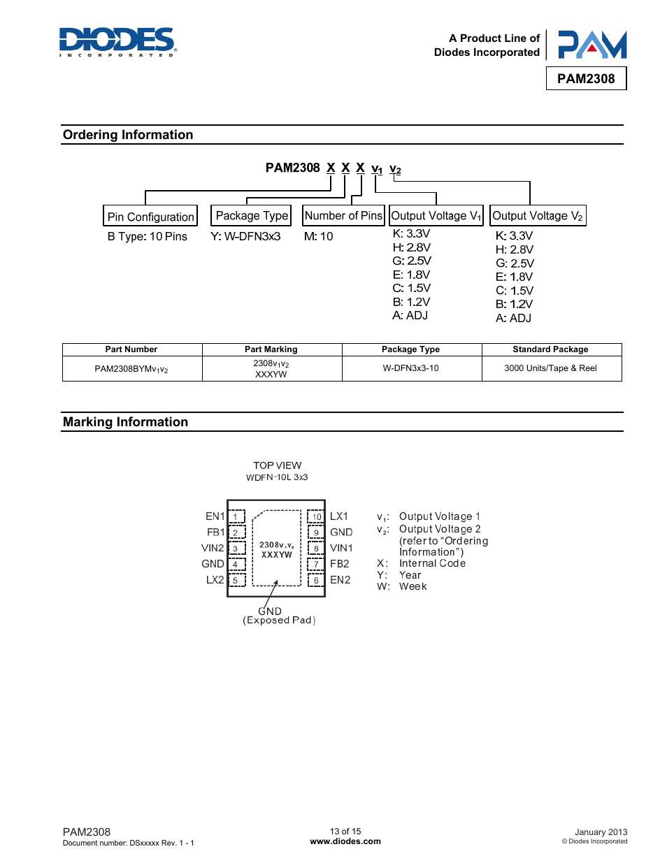 Pam2308, Ordering information, Marking information | Diodes PAM2308 User Manual | Page 13 / 15