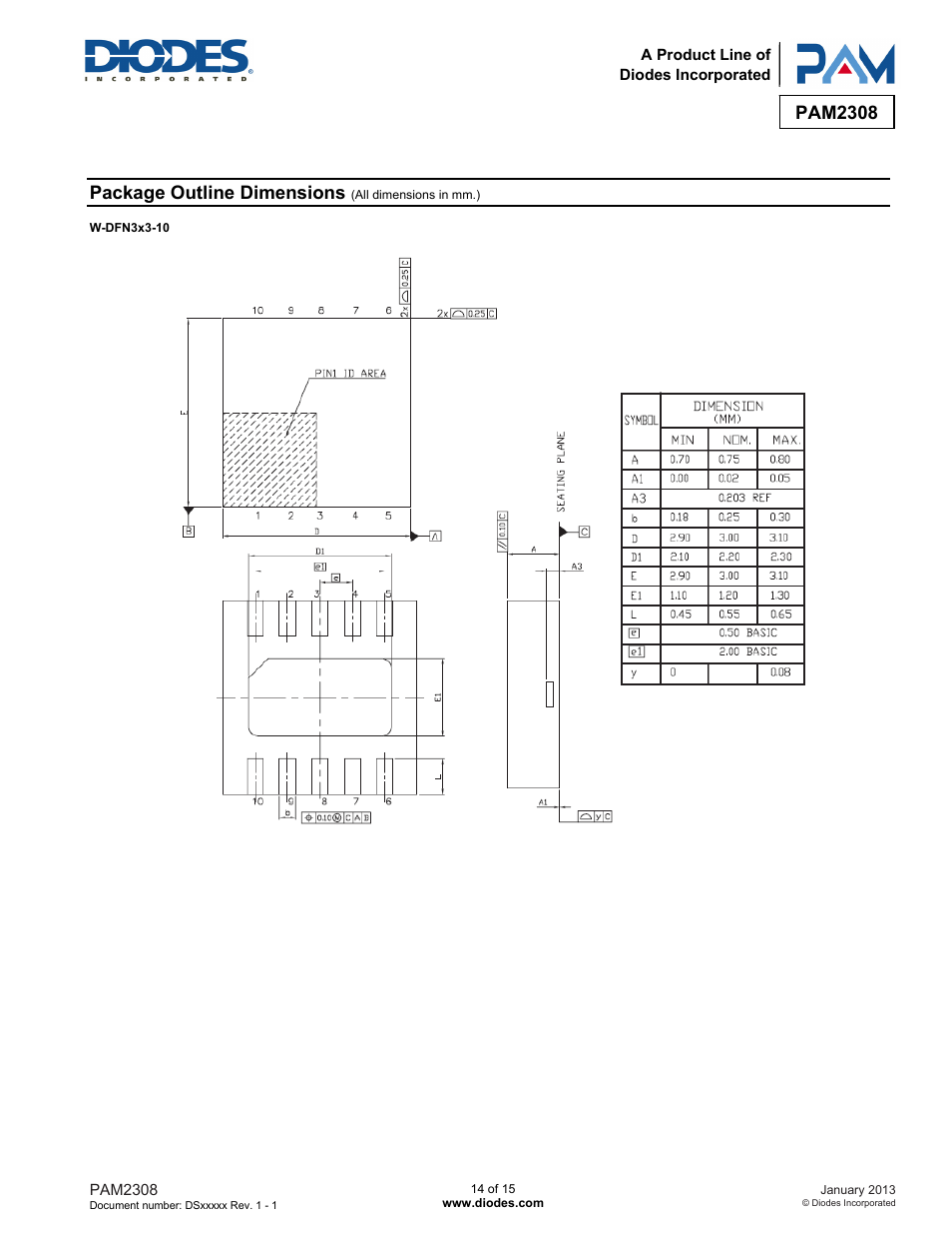 Pam2308, Package outline dimensions | Diodes PAM2308 User Manual | Page 14 / 15