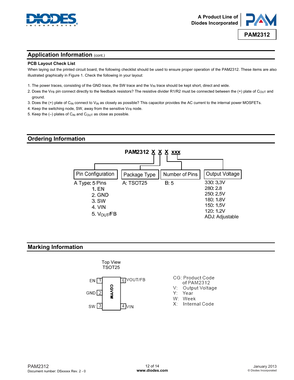 Pam2312, Application information, Ordering information | Marking information | Diodes PAM2312 User Manual | Page 12 / 14