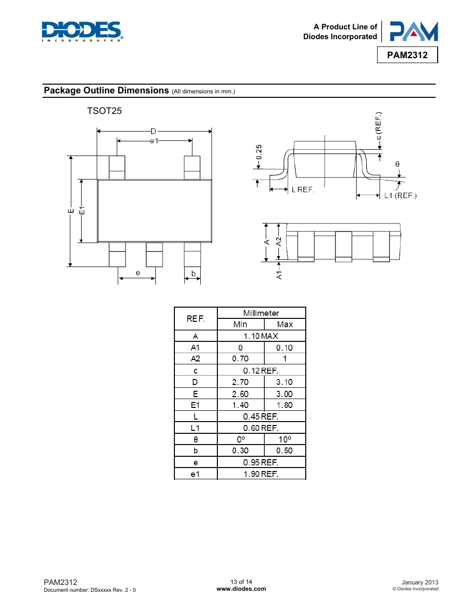 Pam2312, Package outline dimensions, Tsot25 | Diodes PAM2312 User Manual | Page 13 / 14