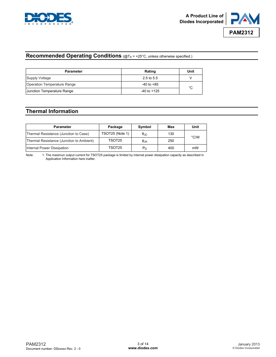 Pam2312, Recommended operating conditions, Thermal information | Diodes PAM2312 User Manual | Page 3 / 14