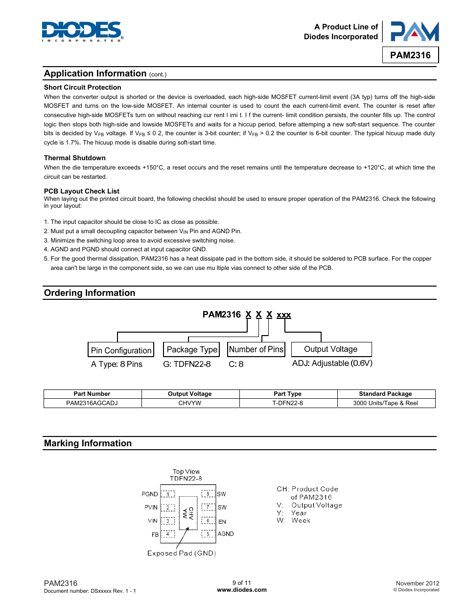Pam2316, Application information, Ordering information | Marking information | Diodes PAM2316 User Manual | Page 9 / 11