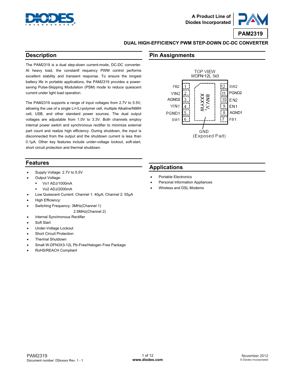 Diodes PAM2319 User Manual | 12 pages